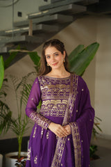Chinnon Embroidered Gown with Dupatta – Rama & Purple