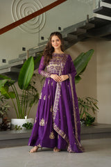 Chinnon Embroidered Gown with Dupatta – Rama & Purple