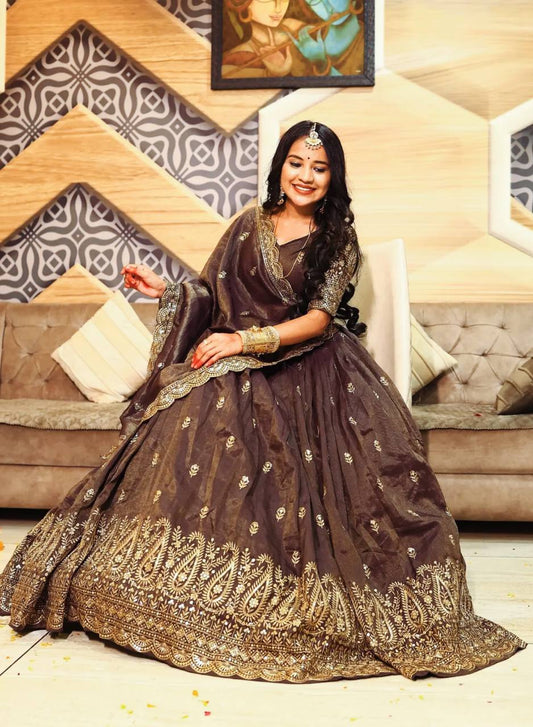 Heavy Embroidered Chinon Lehenga Set with Dupatta