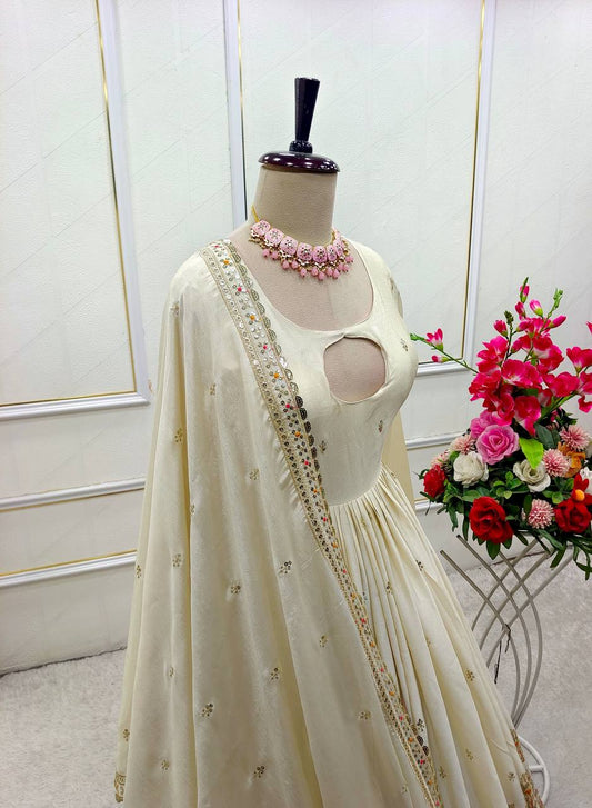 Elegant Pure Chinon Silk Gown Set with Heavy Embroidery Work
