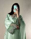 Elegant Moss Satin Kurta Set with Organza Dupatta