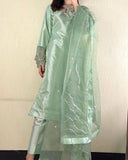 Elegant Moss Satin Kurta Set with Organza Dupatta