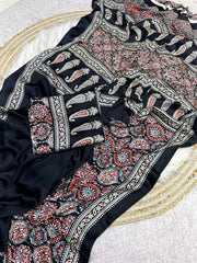 Pure Crepe Satin Ajrak Printed Saree with Rich Pallu
