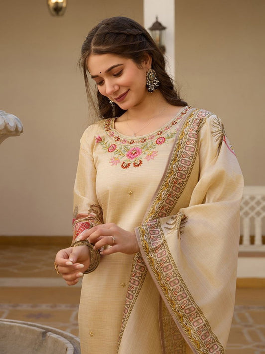 Elegant Viscose Assam Silk Suit Set with Embroidered Beads & Printed Dupatta
