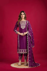 Purple Color Chinon Silk Salwar Suit With Heavy Embroidery & Mirror Work At Manufacturer Rates