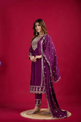 Purple Color Chinon Silk Salwar Suit With Heavy Embroidery & Mirror Work At Manufacturer Rates