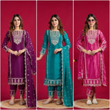 Purple Color Chinon Silk Salwar Suit With Heavy Embroidery & Mirror Work At Manufacturer Rates