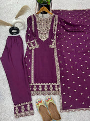 Purple Color Chinon Silk Salwar Suit With Heavy Embroidery & Mirror Work At Manufacturer Rates